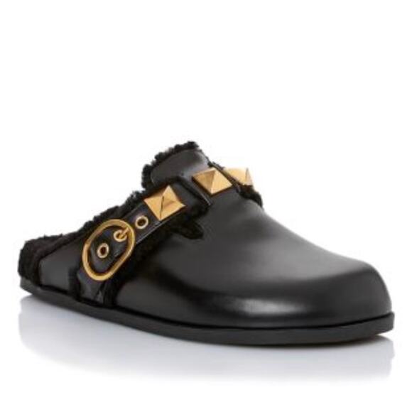 Valentino Garavani Roman Stud Shearling Mules in Black - Picture 2 of 15